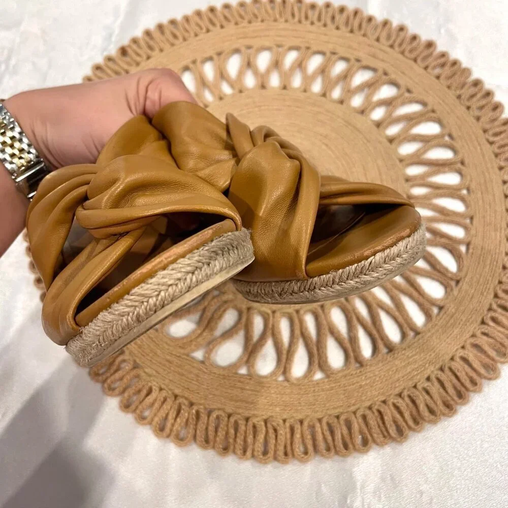 Vince Sylvia Knotted Espadrille Wedge Sandals Camel Leather Size US 9
